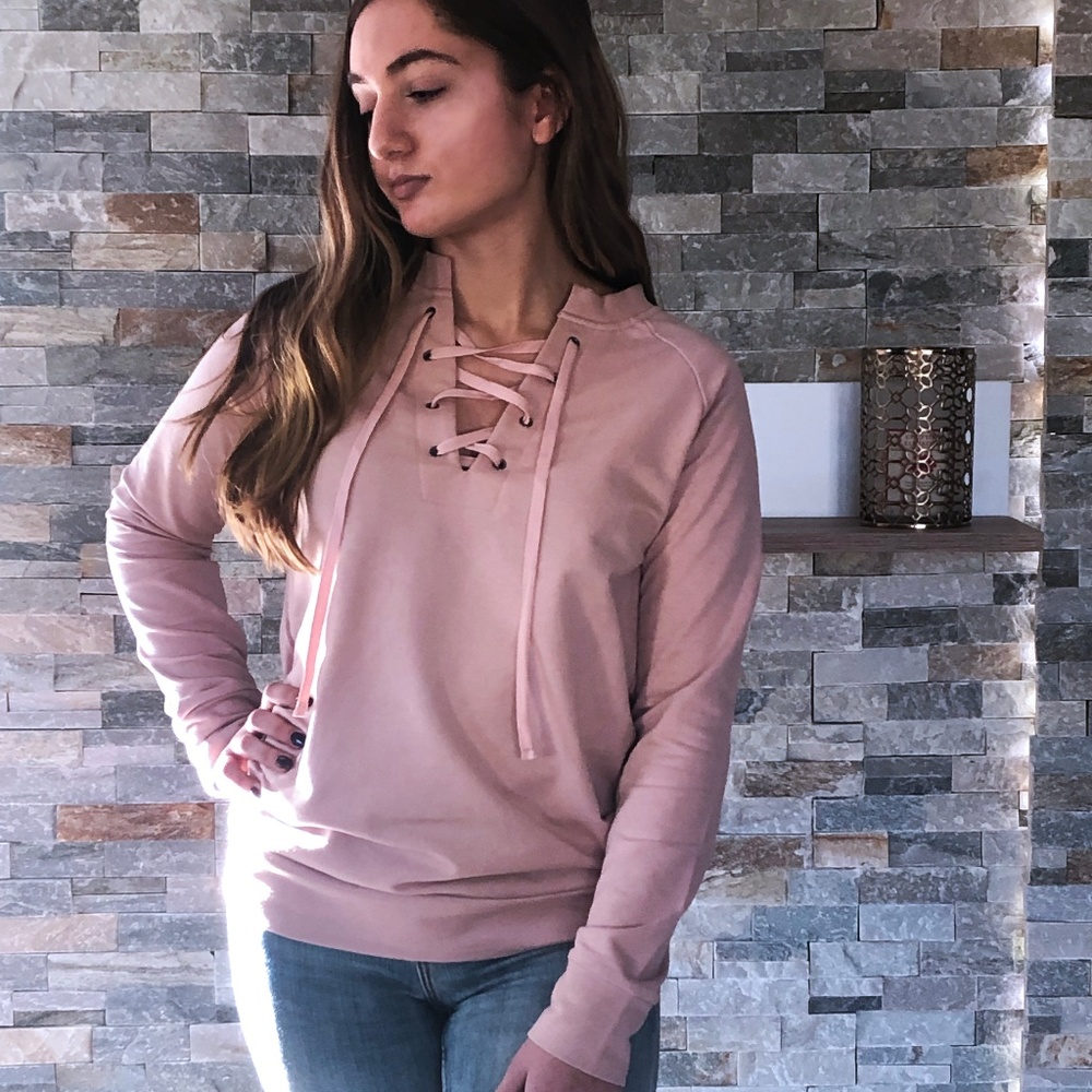 Lace up front detail terry cottonsweatshirt| Blush - Picture 7 of 10